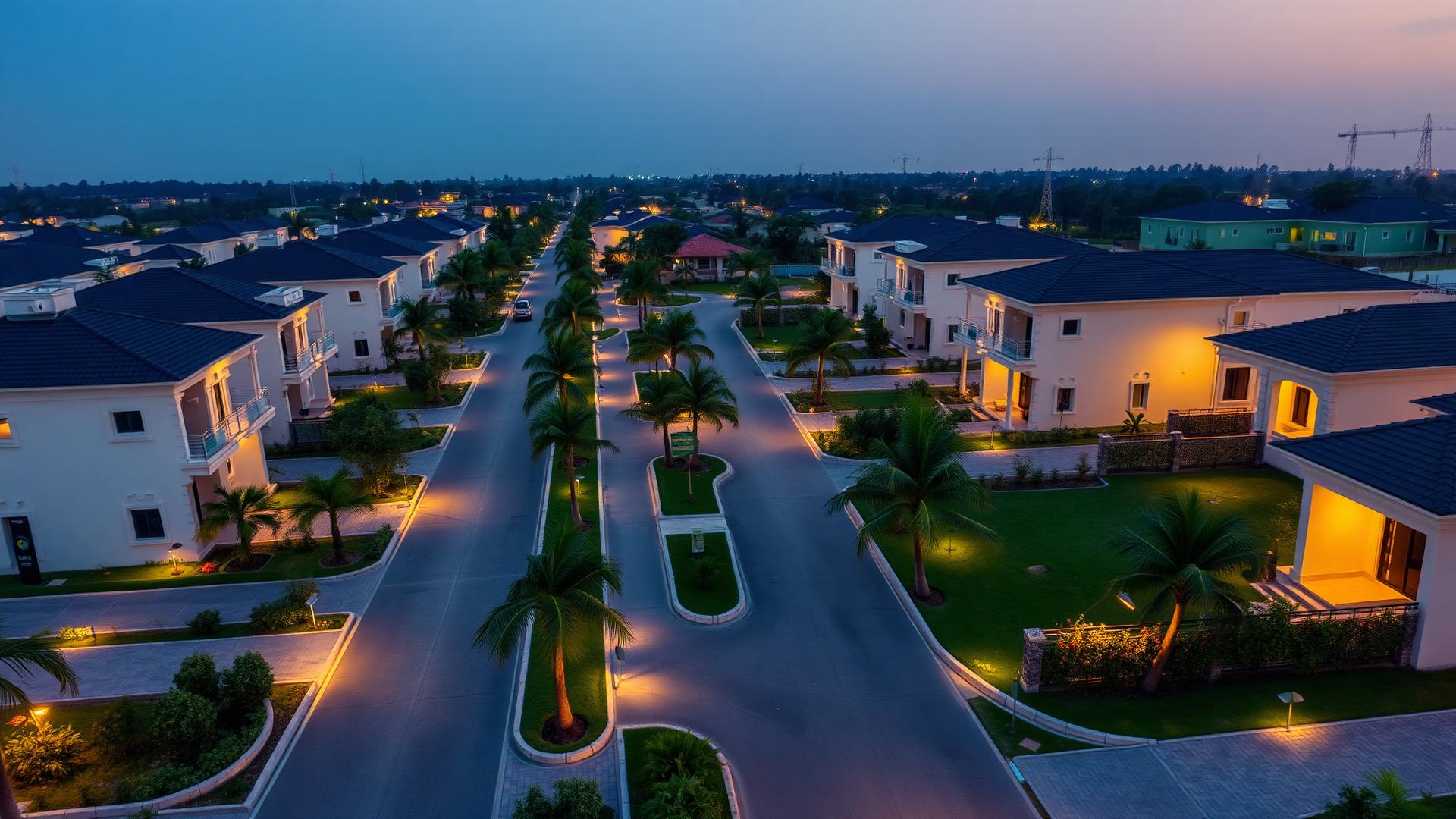 Aerial view of a completed Nigerian luxury estate at dusk